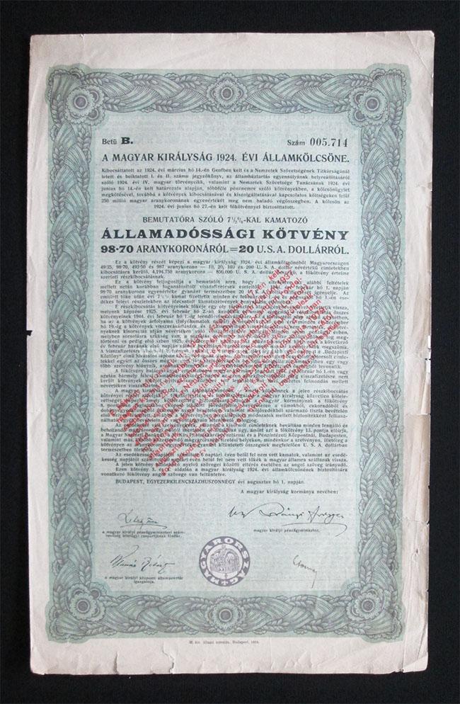 Magyar Királyság Államkölcsöne 20 USA dollár 1924